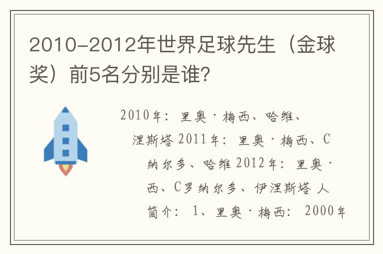 2010-2012年世界足球先生(金球奖)前5名分别是谁?