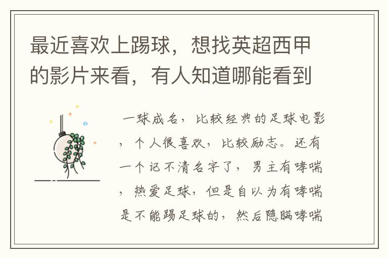 最近喜欢上踢球,想找英超西甲的影片来看,有人知道哪能看到吗