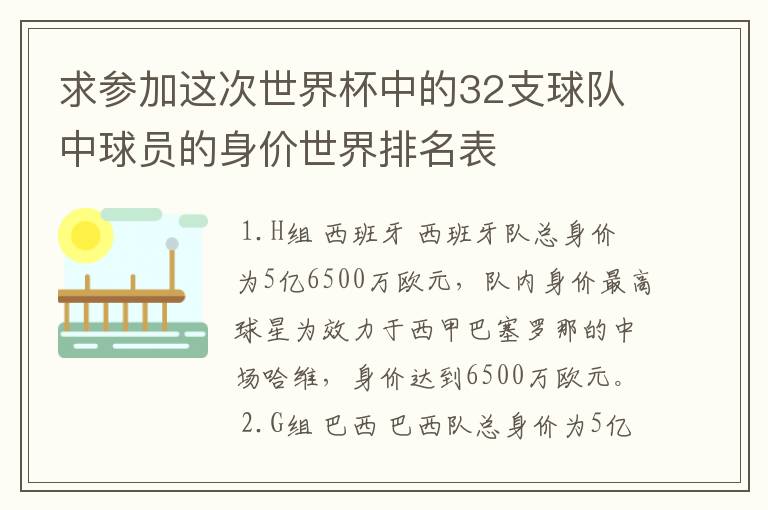 求参加这次世界杯中的32支球队中球员的身价世界排名表