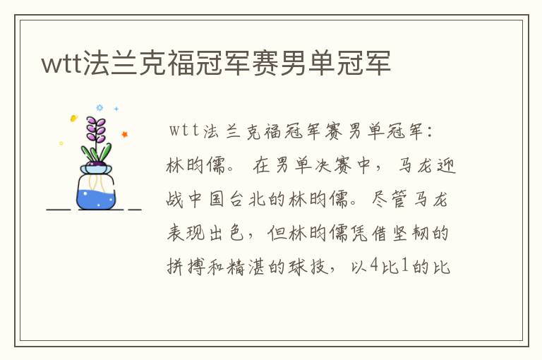 wtt法兰克福冠军赛男单冠军