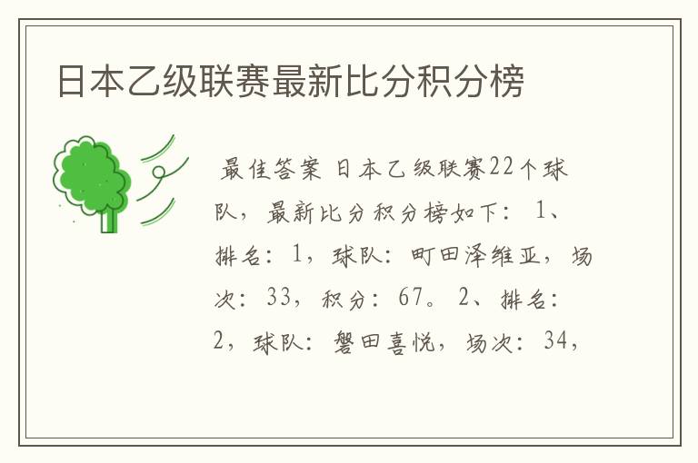 日本乙级联赛最新比分积分榜