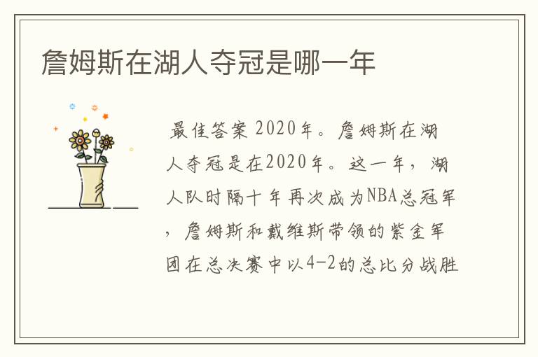 詹姆斯在湖人夺冠是哪一年