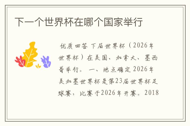下一个世界杯在哪个国家举行