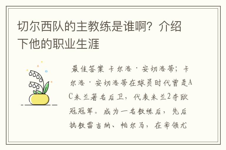 切尔西队的主教练是谁啊？介绍下他的职业生涯