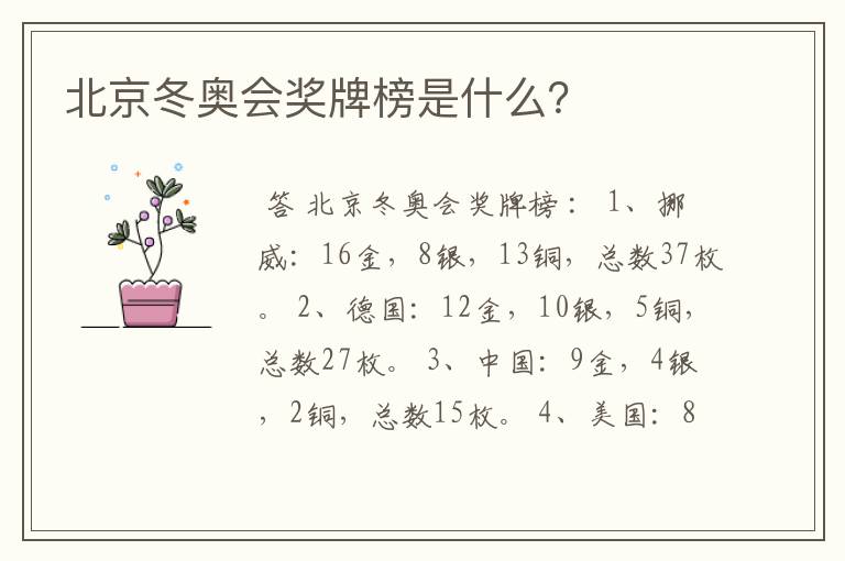 北京冬奥会奖牌榜是什么?