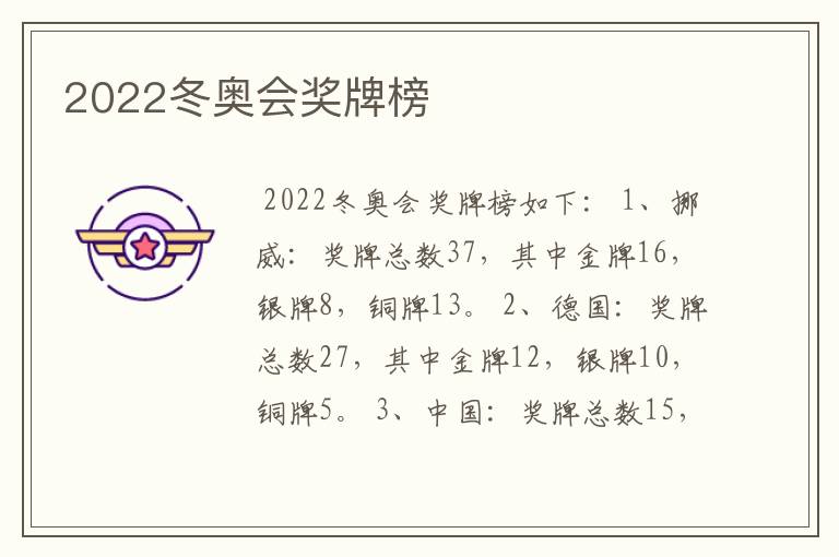 2022冬奥会奖牌榜
