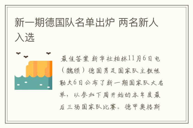 新一期德国队名单出炉 两名新人入选