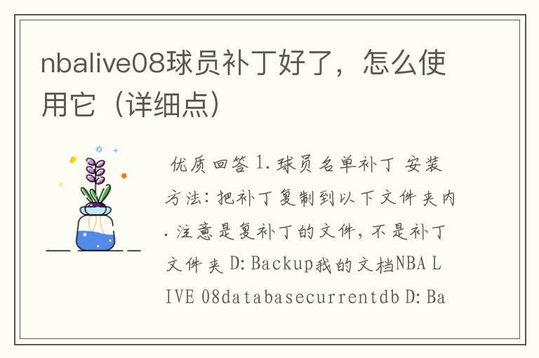 nbalive08球员补丁好了,怎么使用它(详细点)