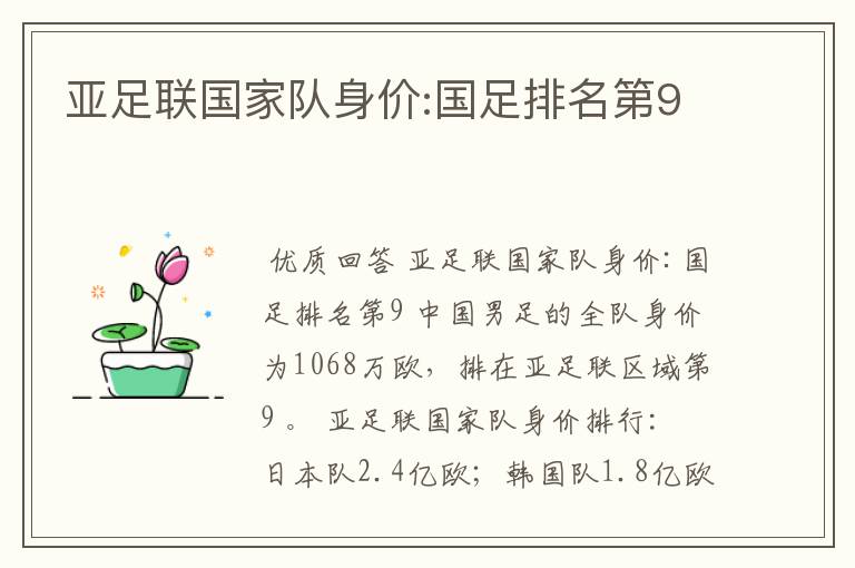 亚足联国家队身价:国足排名第9