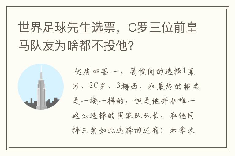世界足球先生选票,C罗三位前皇马队友为啥都不投他?
