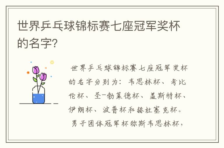 世界乒乓球锦标赛七座冠军奖杯的名字?