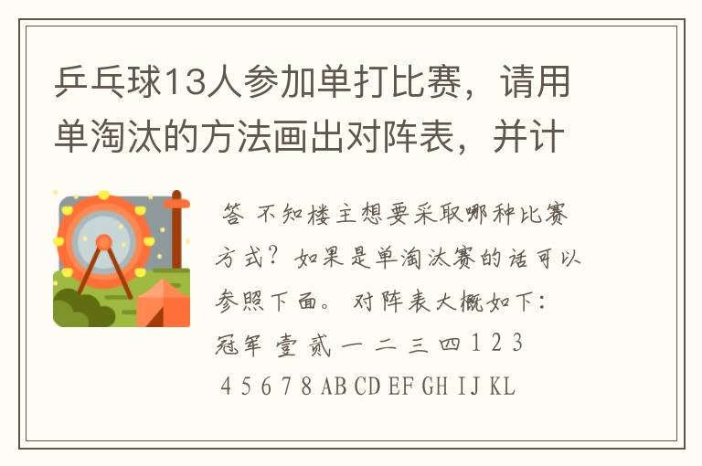 乒乓球13人参加单打比赛,请用单淘汰的方法画出对阵表,并计算出比赛的轮空数、轮次、总场数?