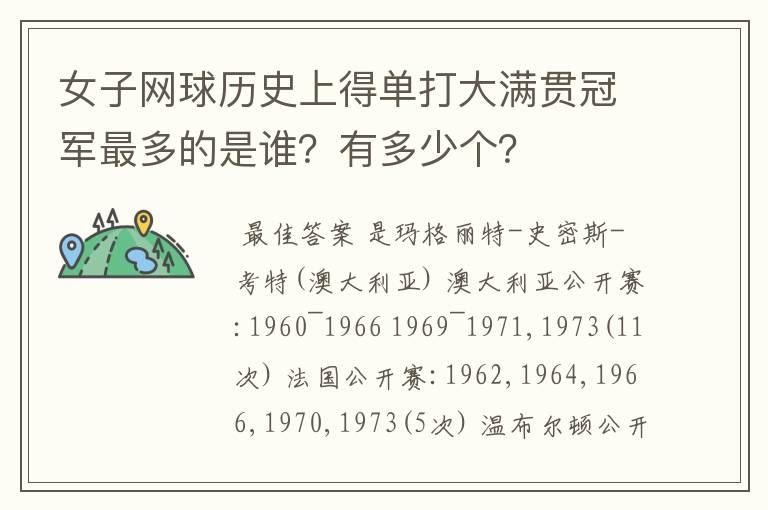 女子网球历史上得单打大满贯冠军最多的是谁?有多少个?