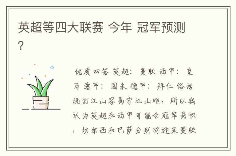 英超等四大联赛 今年 冠军预测?