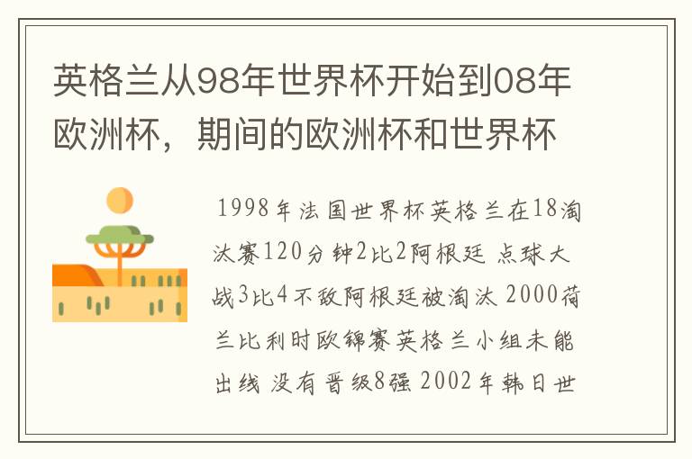 英格兰从98年世界杯开始到08年欧洲杯,期间的欧洲杯和世界杯分别被那些球队淘汰的?
