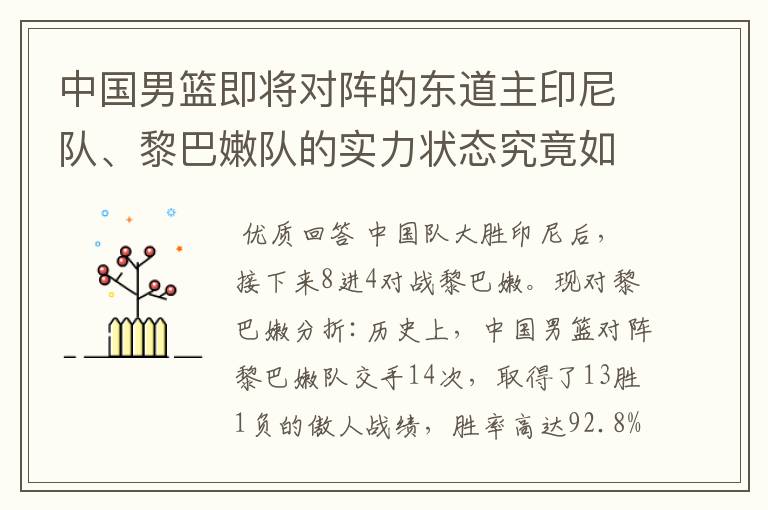 中国男篮即将对阵的东道主印尼队、黎巴嫩队的实力状态究竟如何?
