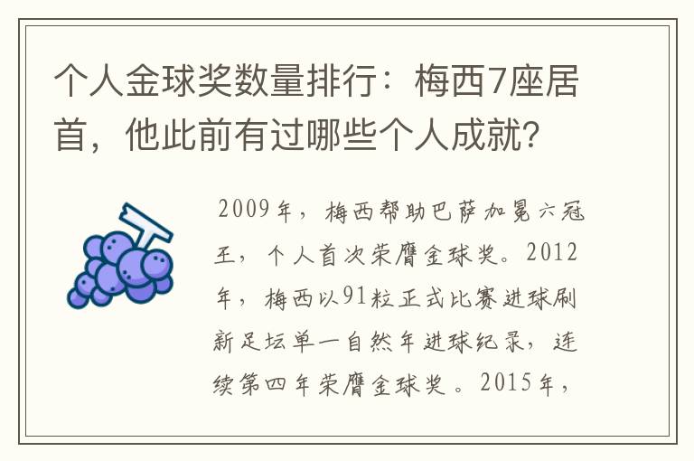 个人金球奖数量排行:梅西7座居首,他此前有过哪些个人成就?
