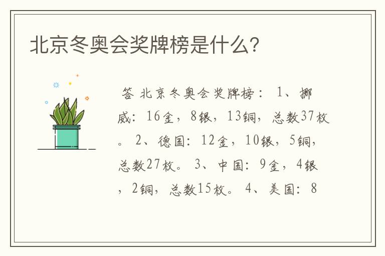 北京冬奥会奖牌榜是什么?
