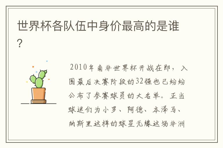 世界杯各队伍中身价最高的是谁？