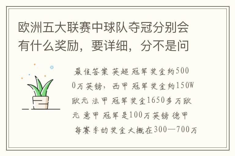 欧洲五大联赛中球队夺冠分别会有什么奖励,要详细,分不是问题