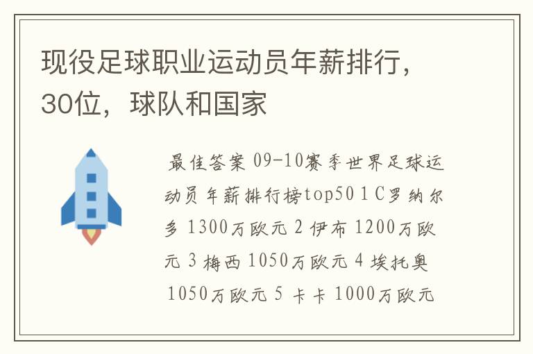 现役足球职业运动员年薪排行,30位,球队和国家