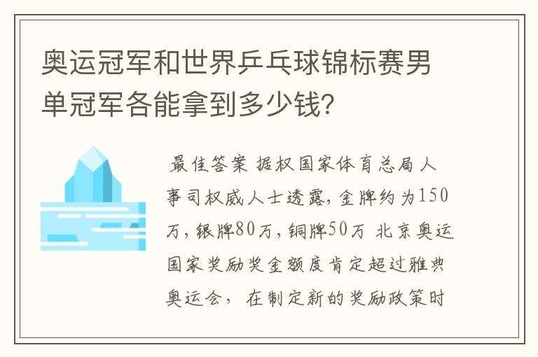 奥运冠军和世界乒乓球锦标赛男单冠军各能拿到多少钱?