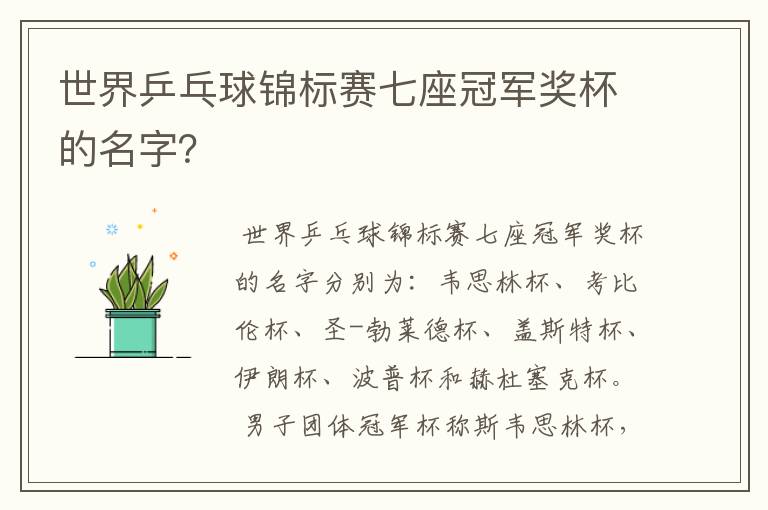 世界乒乓球锦标赛七座冠军奖杯的名字?