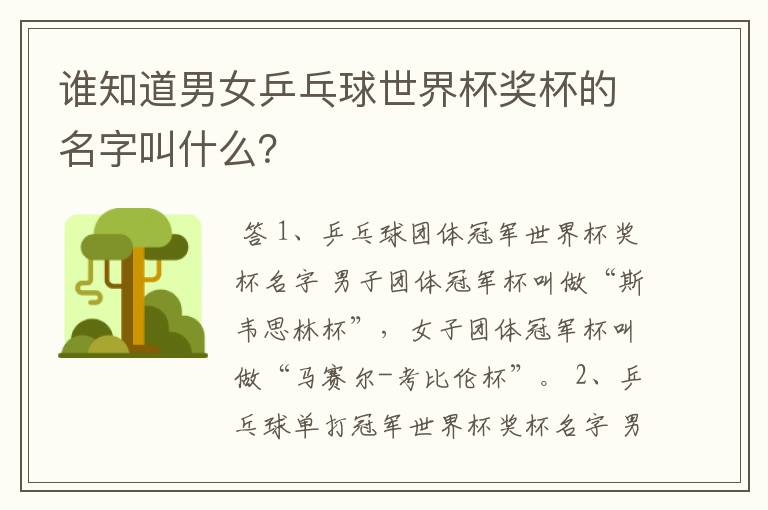 谁知道男女乒乓球世界杯奖杯的名字叫什么?