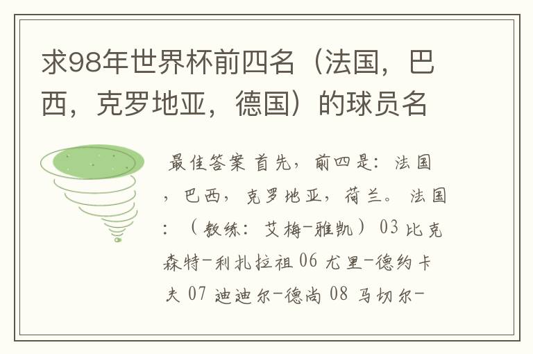 求98年世界杯前四名（法国，巴西，克罗地亚，德国）的球员名单。