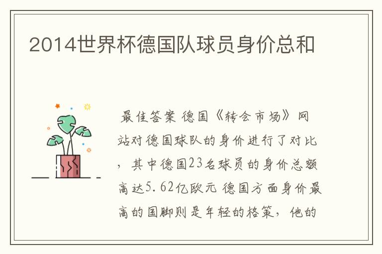 2014世界杯德国队球员身价总和