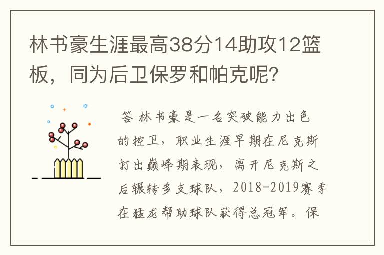 林书豪生涯最高38分14助攻12篮板,同为后卫保罗和帕克呢?