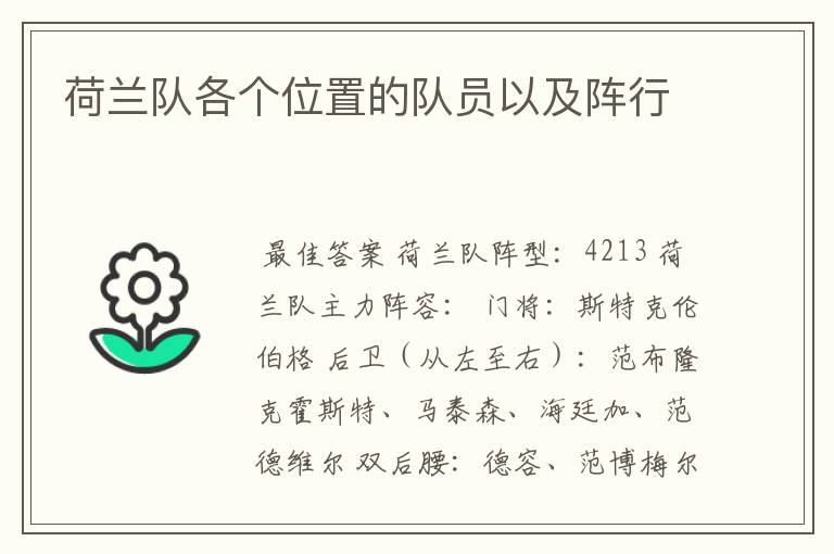 荷兰队各个位置的队员以及阵行