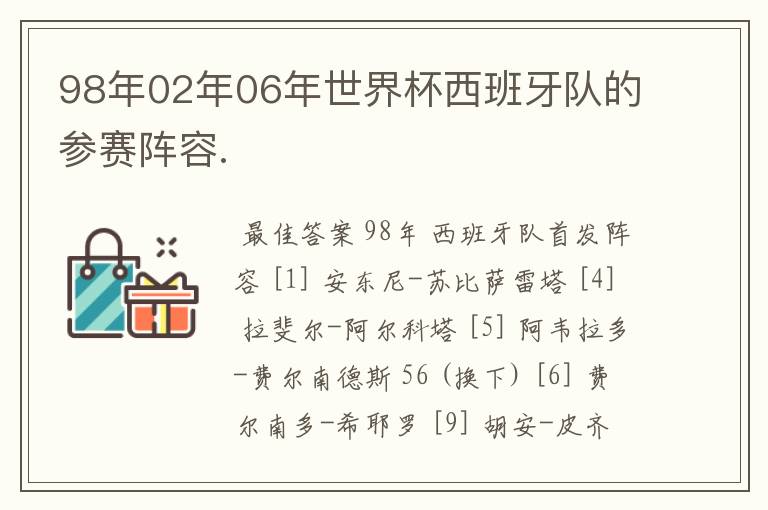 98年02年06年世界杯西班牙队的参赛阵容.