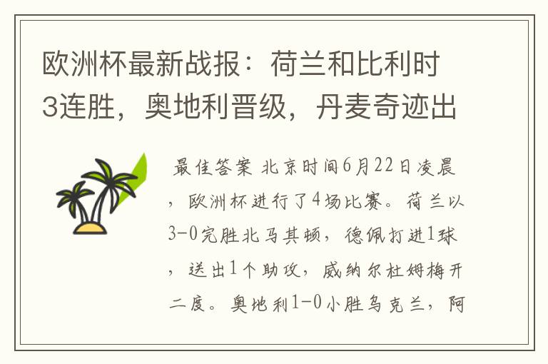欧洲杯最新战报:荷兰和比利时3连胜,奥地利晋级,丹麦奇迹出线