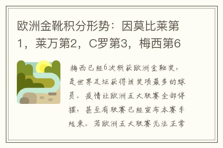 欧洲金靴积分形势:因莫比莱第1,莱万第2,C罗第3,梅西第6