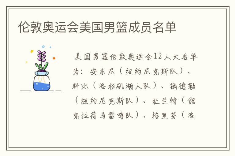 伦敦奥运会美国男篮成员名单
