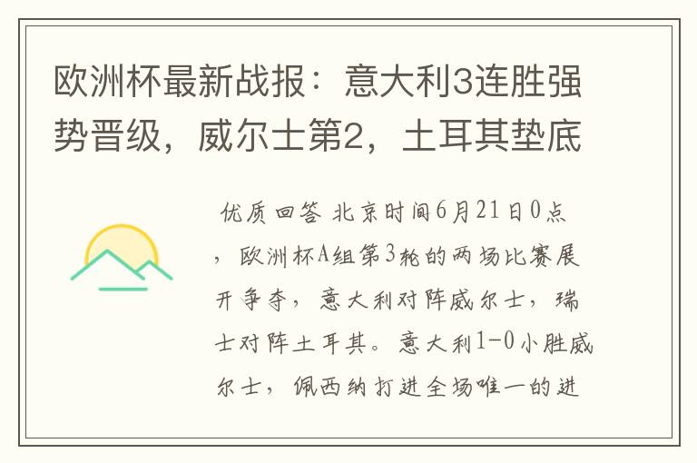 欧洲杯最新战报:意大利3连胜强势晋级,威尔士第2,土耳其垫底
