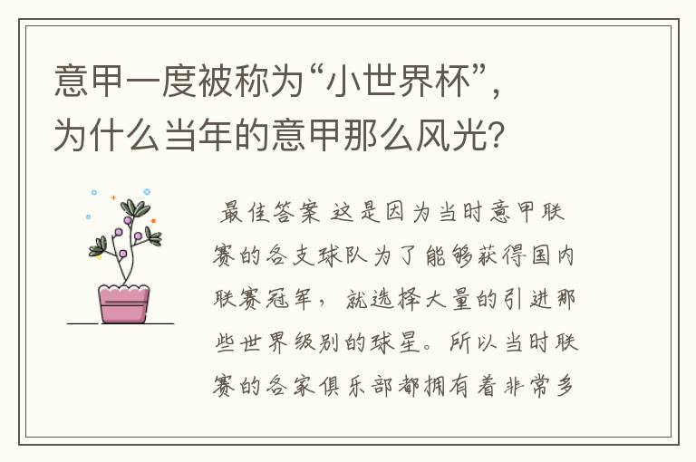 意甲一度被称为“小世界杯”,为什么当年的意甲那么风光?