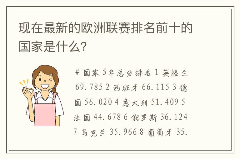 现在最新的欧洲联赛排名前十的国家是什么?