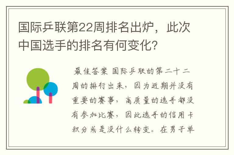 国际乒联第22周排名出炉,此次中国选手的排名有何变化?