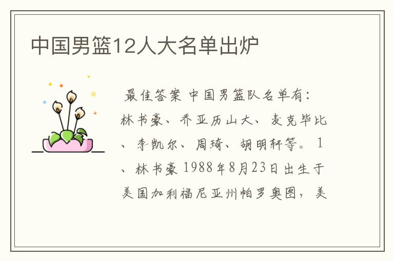 中国男篮12人大名单出炉