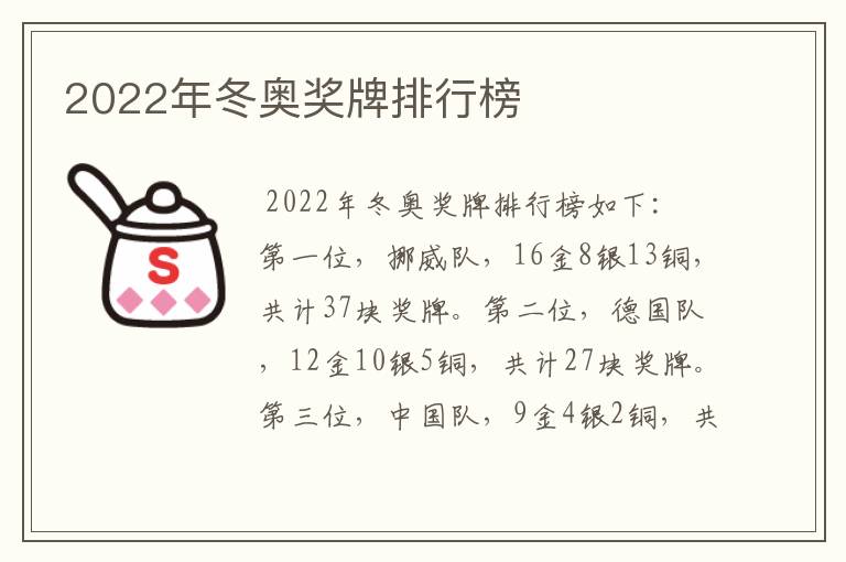 2022年冬奥奖牌排行榜