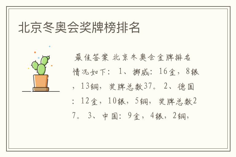 北京冬奥会奖牌榜排名