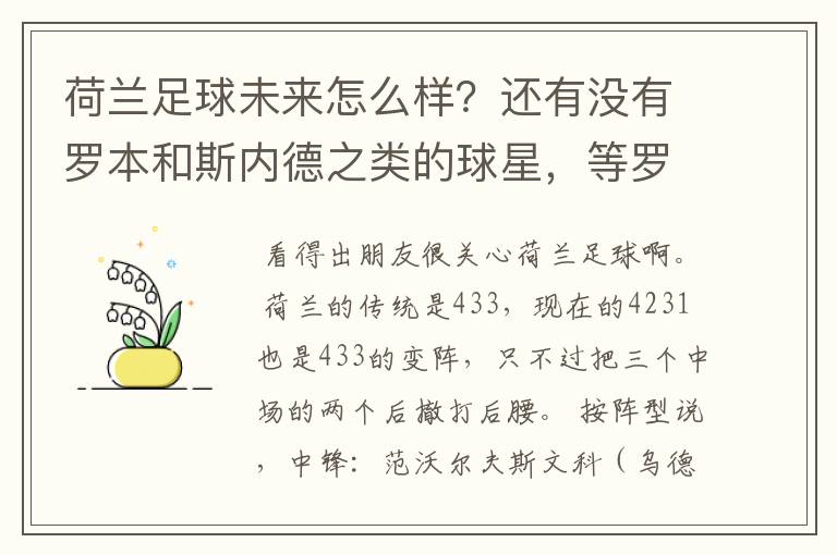 荷兰足球未来怎么样?还有没有罗本和斯内德之类的球星,等罗本这代下去了有人接下去吗