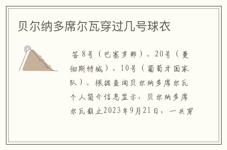贝尔纳多席尔瓦穿过几号球衣