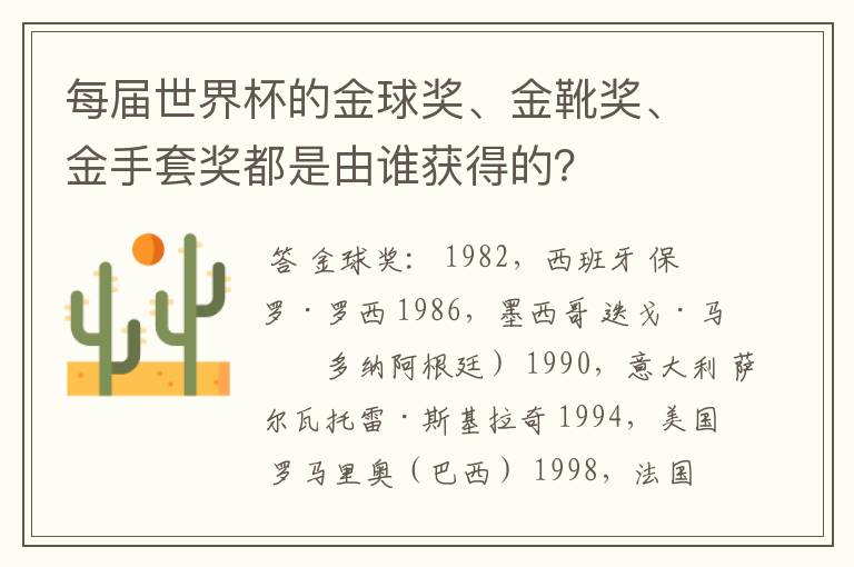 每届世界杯的金球奖、金靴奖、金手套奖都是由谁获得的?