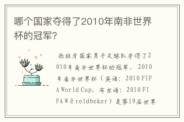 哪个国家夺得了2010年南非世界杯的冠军?