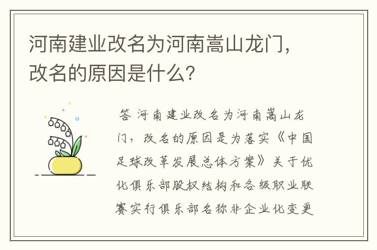 河南建业改名为河南嵩山龙门,改名的原因是什么?