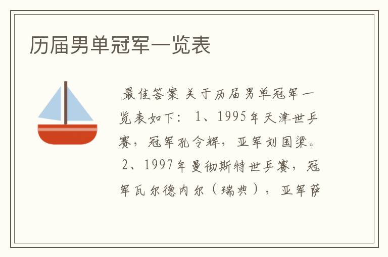 历届男单冠军一览表