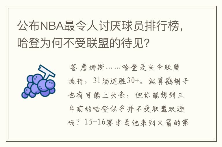 公布NBA最令人讨厌球员排行榜,哈登为何不受联盟的待见?